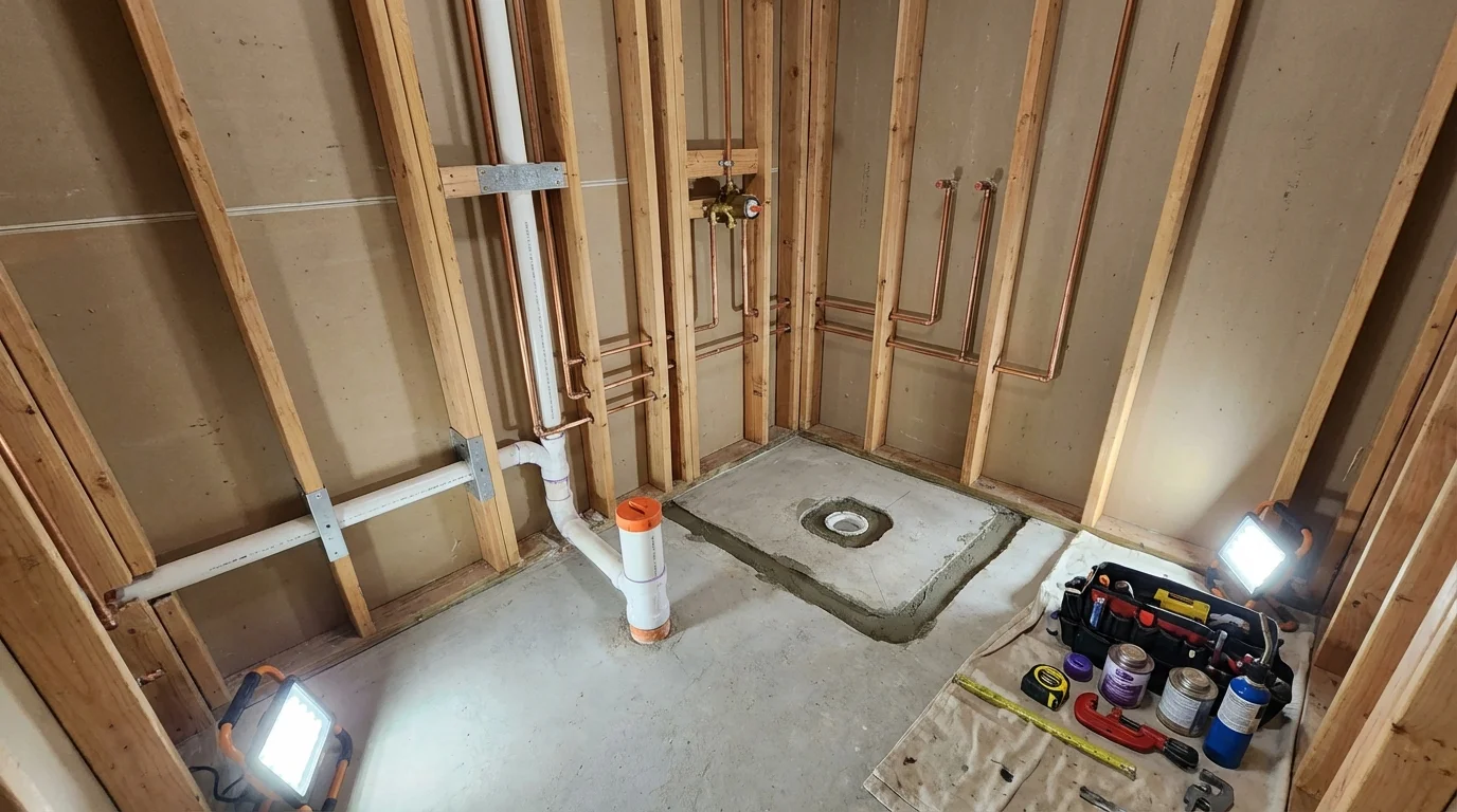 Bathroom rough-in plumbing during remodel by Johns Plumbing LLC in Comstock Park