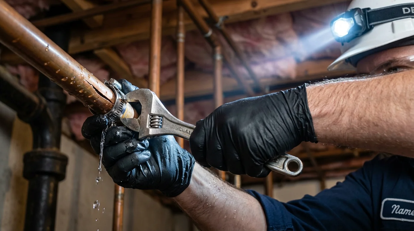 Emergency pipe clamp repair being performed by a Johns Plumbing LLC plumber in Comstock Park