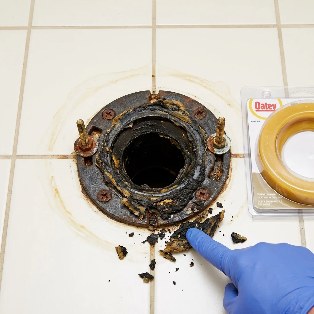 Failed wax ring showing water seepage at the base of a toilet in a Comstock Park, MI home