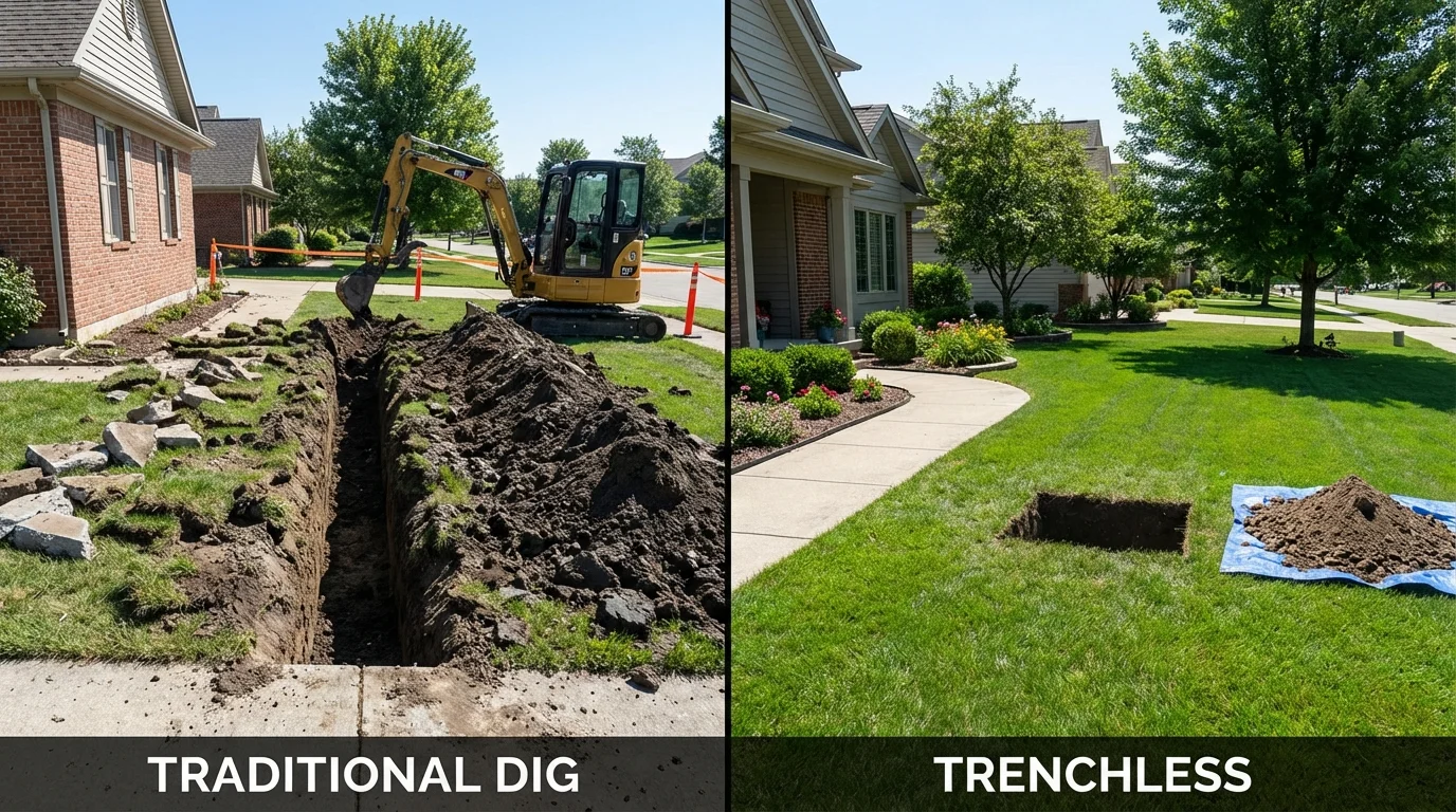 Trenchless sewer repair with minimal yard damage versus traditional excavation in Comstock Park, MI
