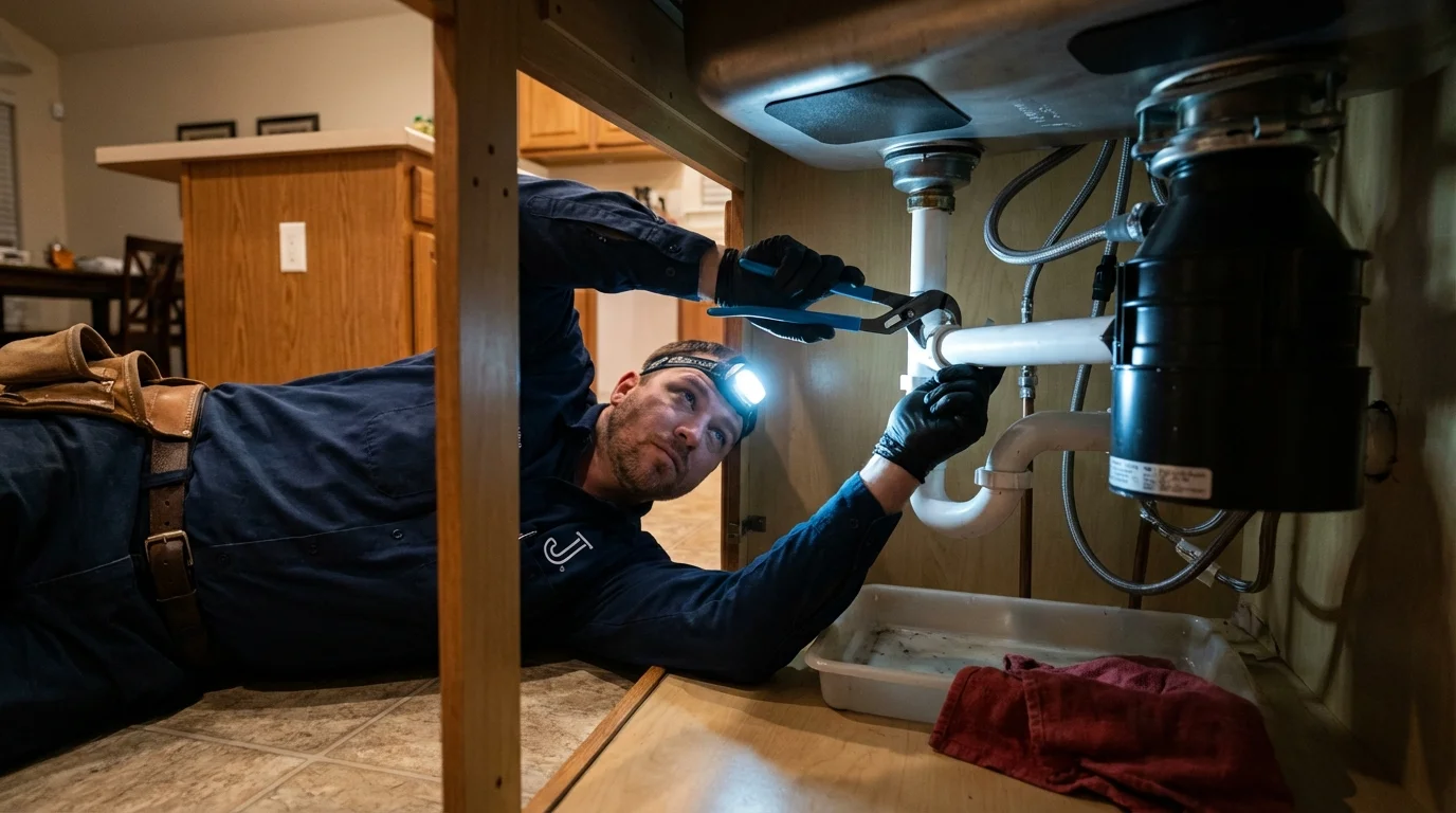 P-trap and supply line connections under a kitchen sink showing a common leak point in Comstock Park, MI